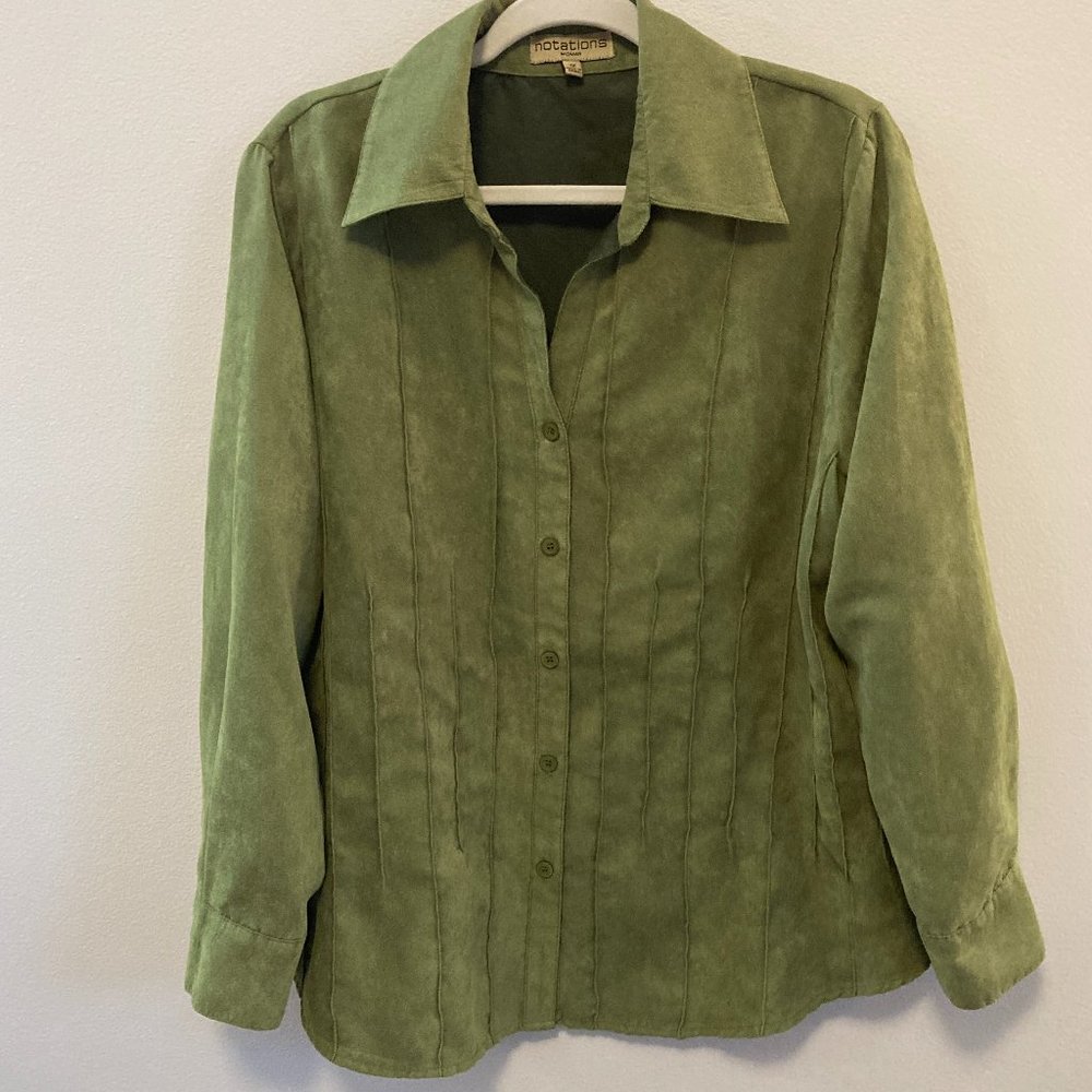Button Up Shirt Notations Women's 1X Pin tuck Tunic Green Soft Grandma-core